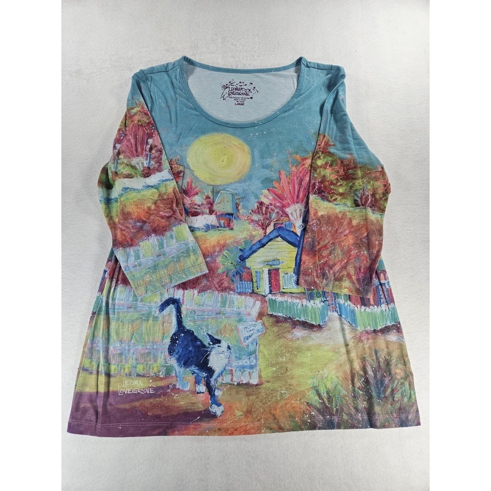 Leoma Lovegrove Wearable Art Island Time Beach Cat Watercolor Top Size Large